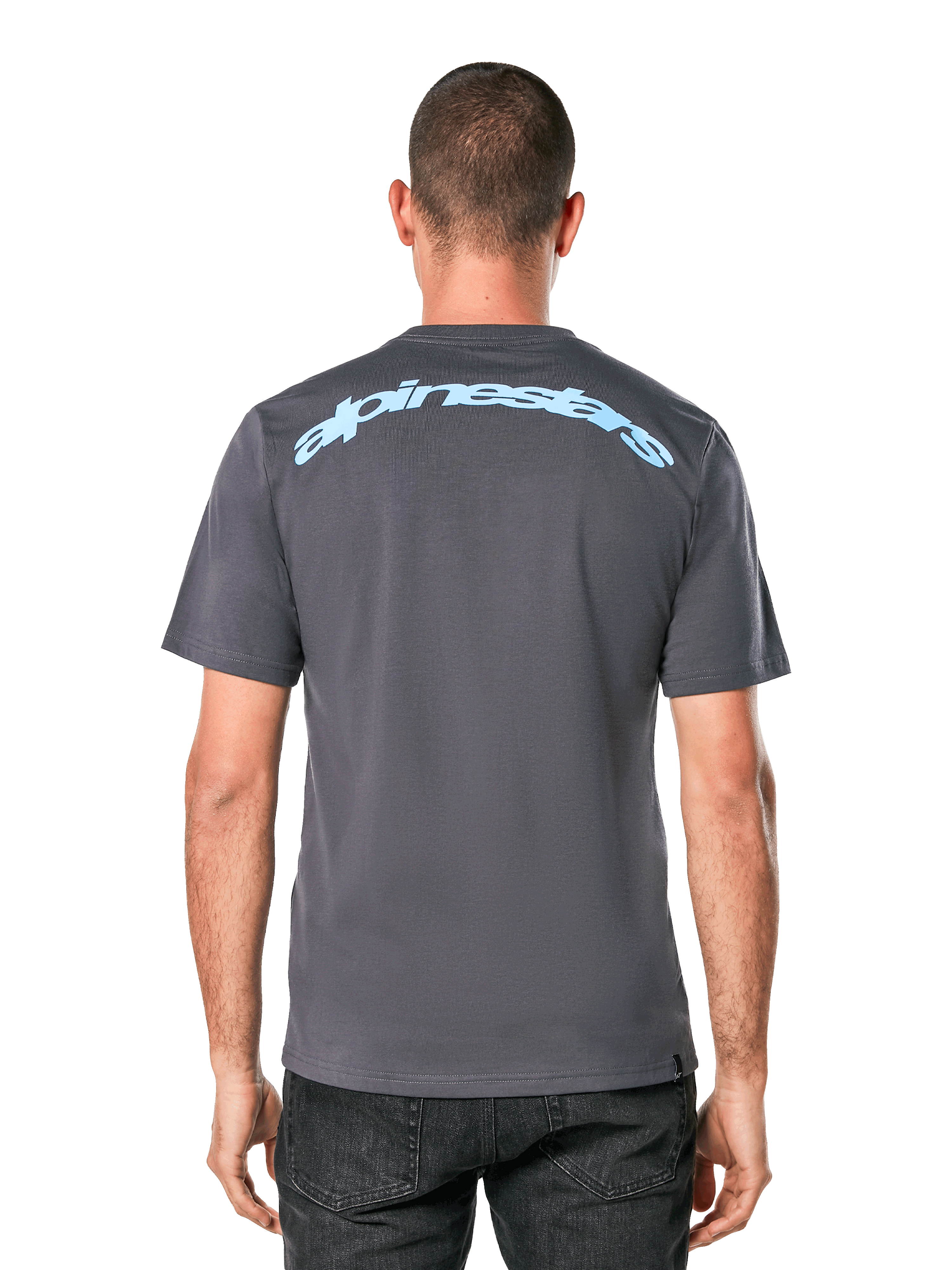 Alpinestars Horizon CSF Tee, t-shirt de manga curta, cinzento, vista traseira com o logótipo Alpinestars em arco azul claro, vestuário desportivo casual