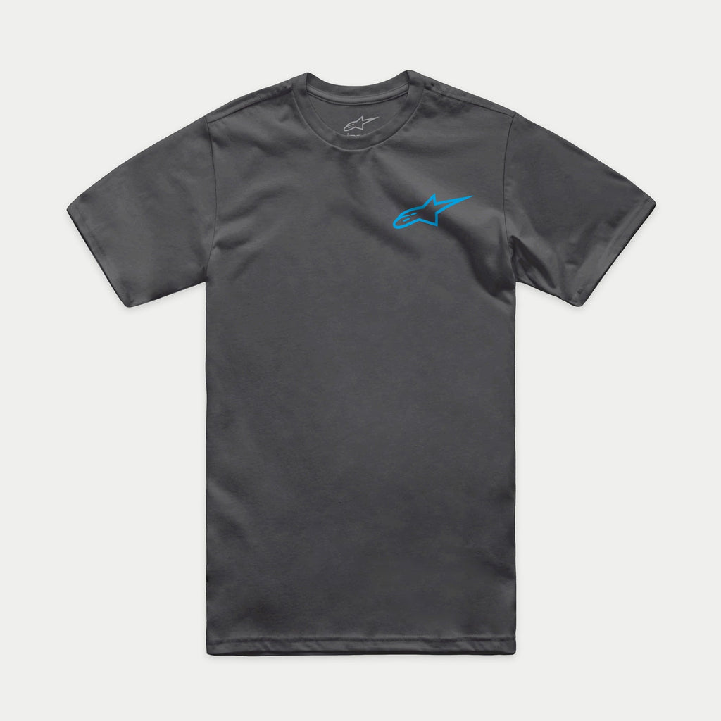 Alpinestars Horizon CSF Tee, t-shirt de manga curta, cinzento carvão com logótipo Alpinestars Ageless azul, roupa desportiva casual de motorsport