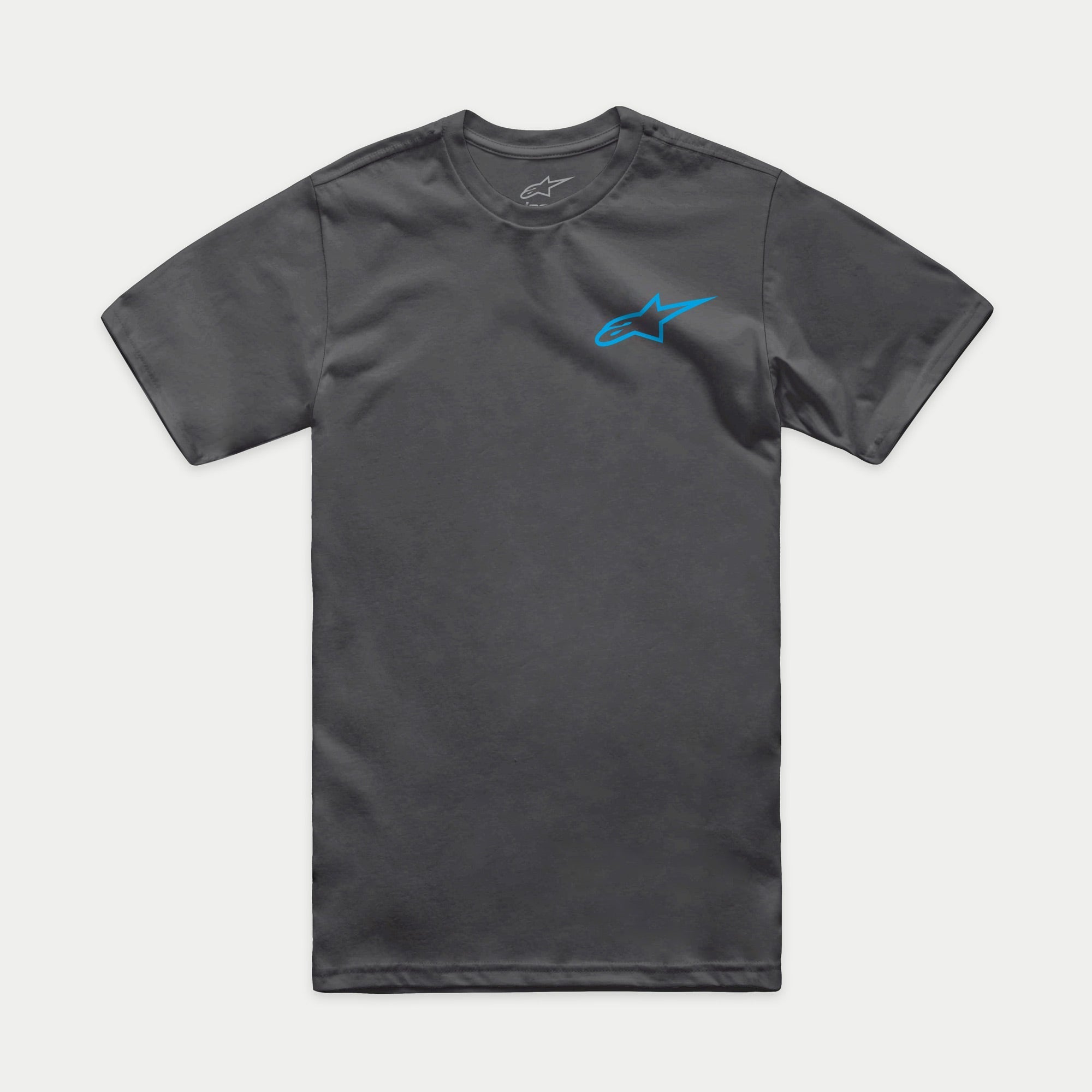 Alpinestars Horizon CSF Tee, t-shirt de manga curta, cinzento carvão com logótipo Alpinestars Ageless azul, roupa desportiva casual de motorsport
