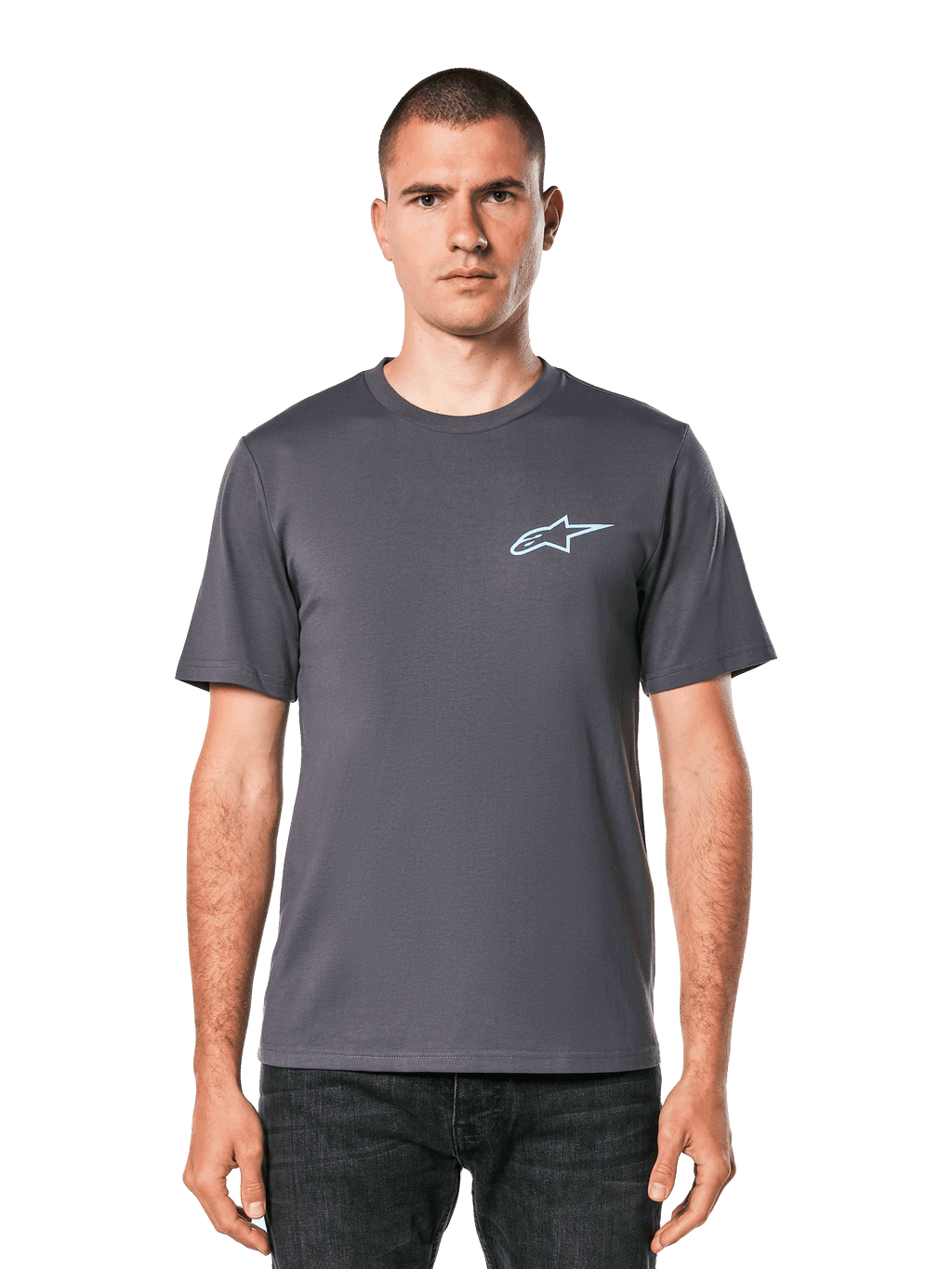 Alpinestars Horizon CSF Tee, t-shirt de manga curta em cinzento escuro, logótipo Ageless azul claro no peito, streetwear casual de motorsport
