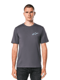 Alpinestars Horizon CSF Tee, t-shirt de manga curta em cinzento escuro, logótipo Ageless azul claro no peito, streetwear casual de motorsport