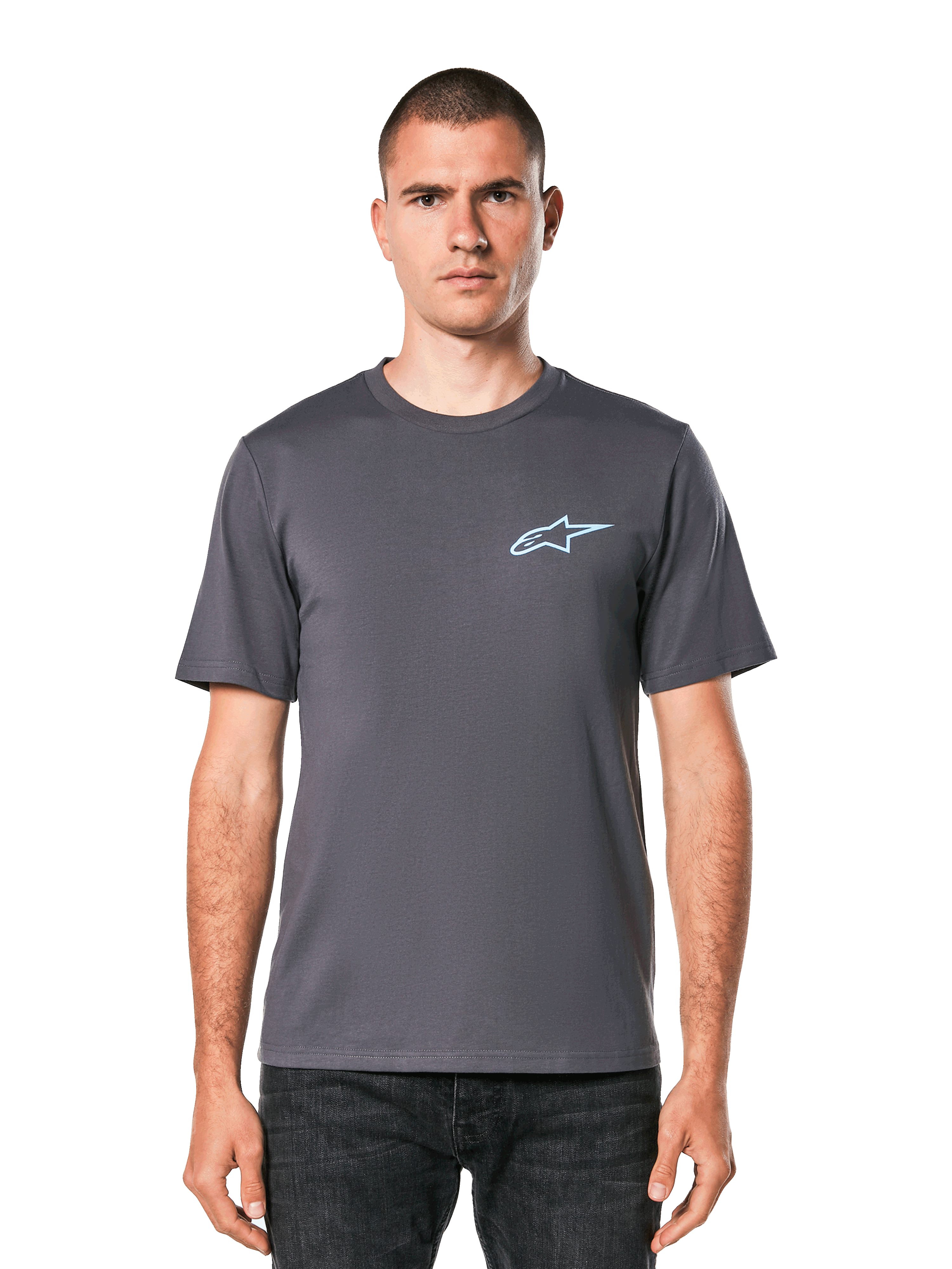 Alpinestars Horizon CSF Tee, t-shirt de manga curta em cinzento escuro, logótipo Ageless azul claro no peito, streetwear casual de motorsport
