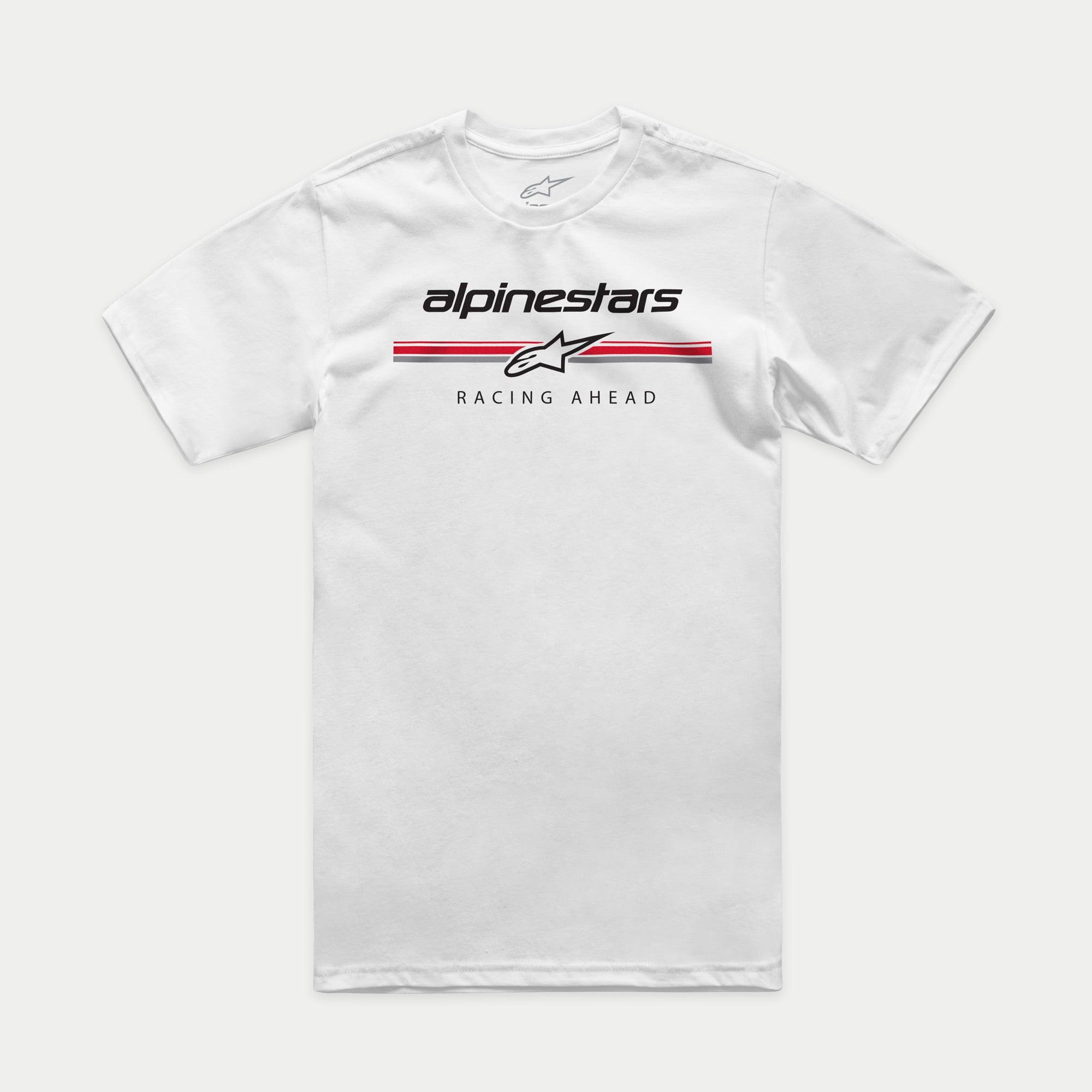 Alpinestars Betteryet CSF Tee, Short Sleeve T-Shirt, White, Front chest paddock-style logo with red and grey stripes and Racing Ahead text, Casual Motorsport Sportswear