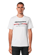 Alpinestars Betteryet CSF Tee, White Short Sleeve T-Shirt, features black Alpinestars logo and red and grey stripes with "Racing Ahead" graphic, modeled by a man with dark jeans, casual motorsport streetwear