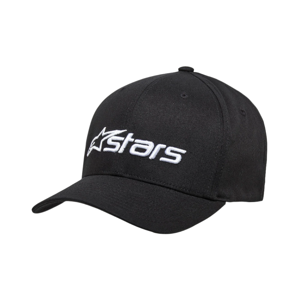 Alpinestars Blaze 2.0 Hat, boné de basebol estruturado, preto, logótipo bordado a branco na frente, pala curva, tecido de sarja elástica, acessório casual de motorsport