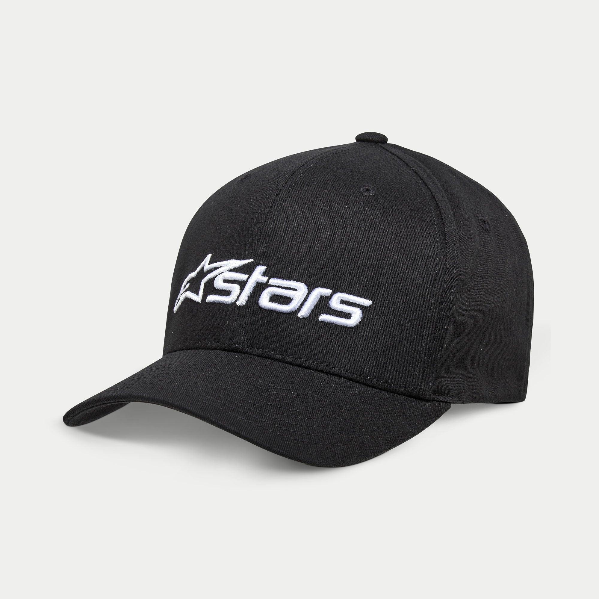 Alpinestars Blaze 2.0 Hat, boné de basebol preto, com pala curva e coroa estruturada, logótipo Astars branco texturado na frente, acessório de cabeça casual de estilo desportivo