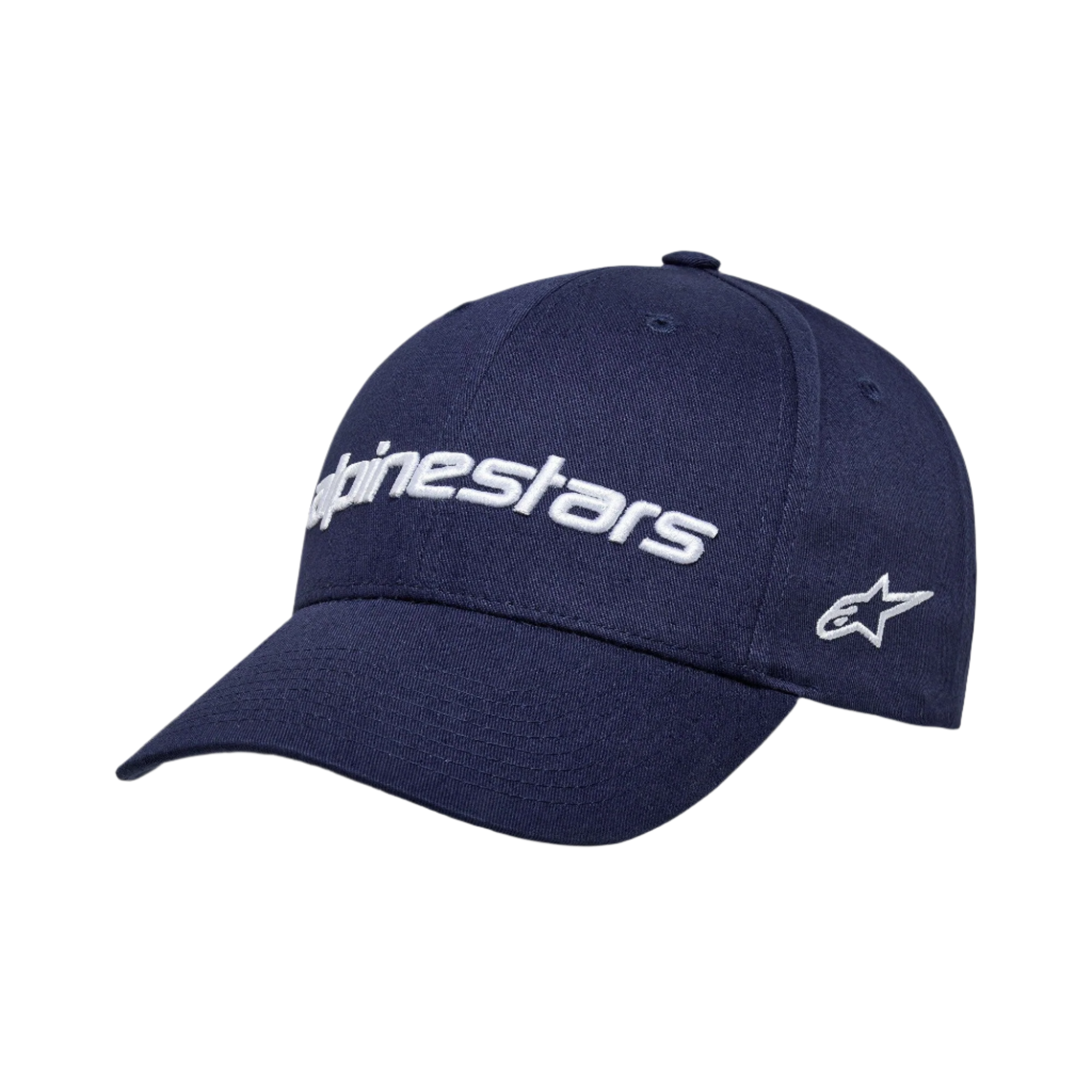 Alpinestars Linear Wordmark 2.0 Hat, Navy Blue with White 3D Embroidered Logo, Curved Bill, Structured Crown, Side Star Logo, Cotton Twill Sportswear Cap