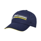 Alpinestars Par Hat, Navy Blue Snapback Cap, 3D logo embroidery with yellow 'RACING AHEAD' text, curved bill with yellow sandwich detail, structured cotton twill, casual motorsport headwear
