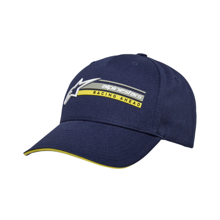 Alpinestars Par Hat, boné snapback azul marinho, bordado do logótipo em 3D com o texto 'RACING AHEAD' em amarelo, pala curva com detalhe sandwich em amarelo, sarja de algodão estruturada, boné casual de motorsport