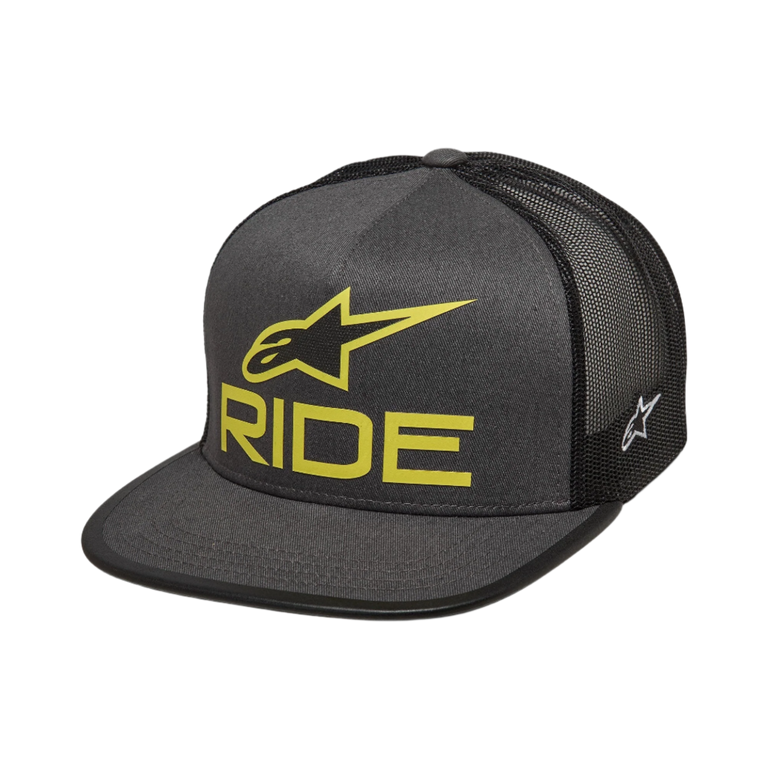 Boné Trucker Alpinestars Ride 4.0, cinzento e preto, logótipo Ride 3D em amarelo lima, pala plana com parte traseira em rede, bordado lateral Ageless, estilo casual inspirado nos desportos motorizados