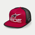 Boné Trucker Alpinestars Ride 4.0, vermelho e preto, pala plana com coroa estruturada, logótipo Ride impresso em 3D a branco e estrela A-star na frente, parte traseira em rede preta com logótipo lateral bordado a branco, estilo casual streetwear