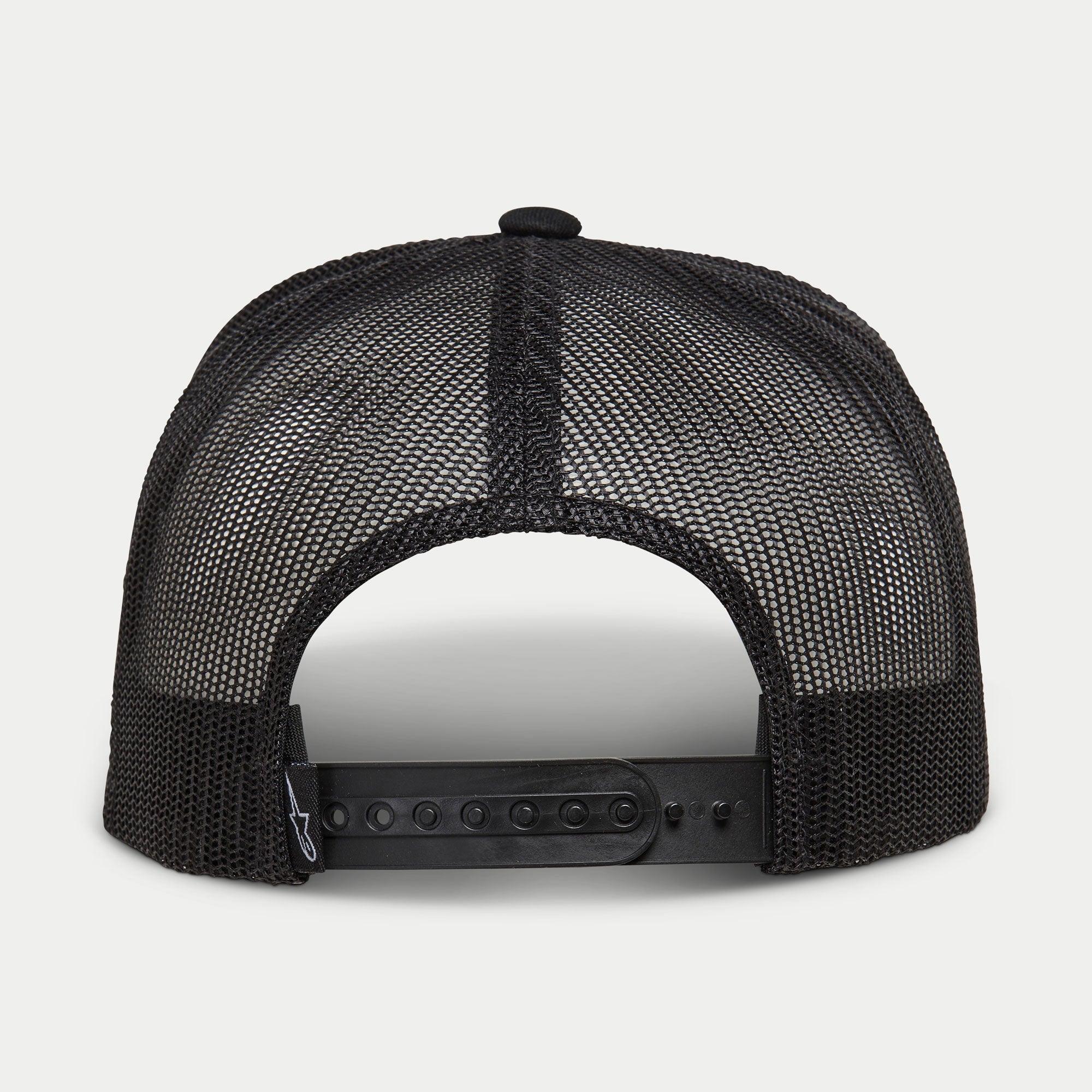 Alpinestars Ride 4.0 Camo Trucker Hat, Black, back view showing breathable mesh crown and adjustable plastic snapback strap with small logo tag, casual motorsport-inspired headwear.