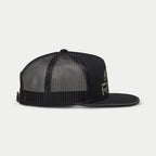 Alpinestars Ride 4.0 Camo Trucker Hat, Black, side profile view featuring breathable mesh back and flat bill, twill front with camo logo print, adjustable snapback design, casual motorsport headwear