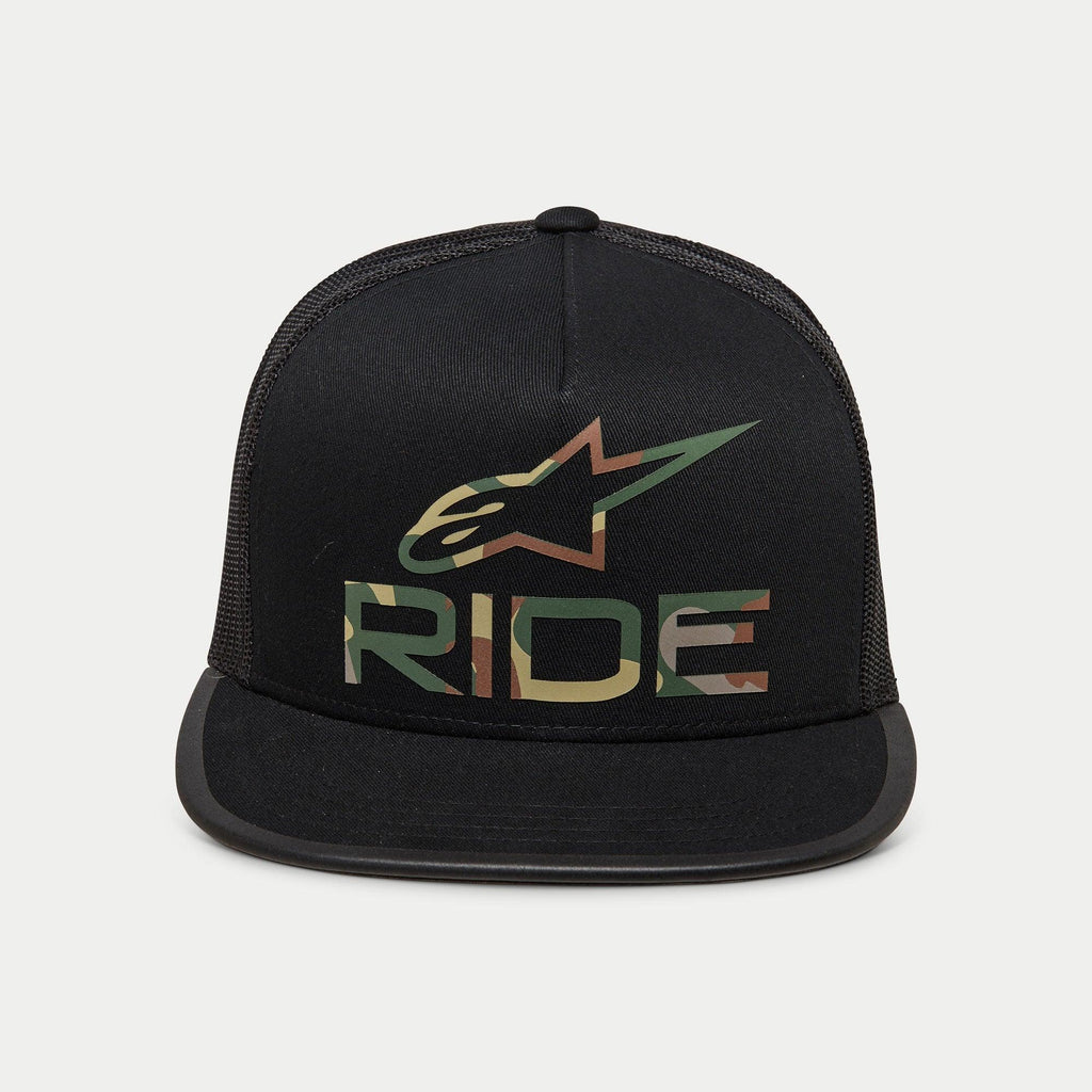 Alpinestars Ride 4.0 Camo Trucker Hat, Black trucker-style snapback hat, featuring camo-patterned logo and 'RIDE' text on a structured crown, flat bill, breathable black mesh back, casual motorsport-inspired design