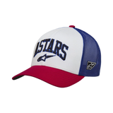 Alpinestars Dunker Trucker Hat, boné tipo trucker em branco, vermelho e azul, pala curva vermelha com painel frontal branco e parte traseira em malha azul, apresenta bordado 3D ASTARS na frente, acessório casual inspirado no desporto motorizado