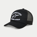 Alpinestars Triple Trucker Hat, boné trucker preto, pala curva, bordado 3D branco com o logótipo 'ALPINESTARS' e 'RACING AHEAD', frente em sarja e painéis traseiros em malha, vestuário casual de desporto motorizado