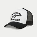 Alpinestars Triple Trucker Hat, Casual Trucker Cap, White and Black, 3D black embroidery with star logo and 'Racing Ahead' text, curved bill with mesh back, Sportswear Streetwear