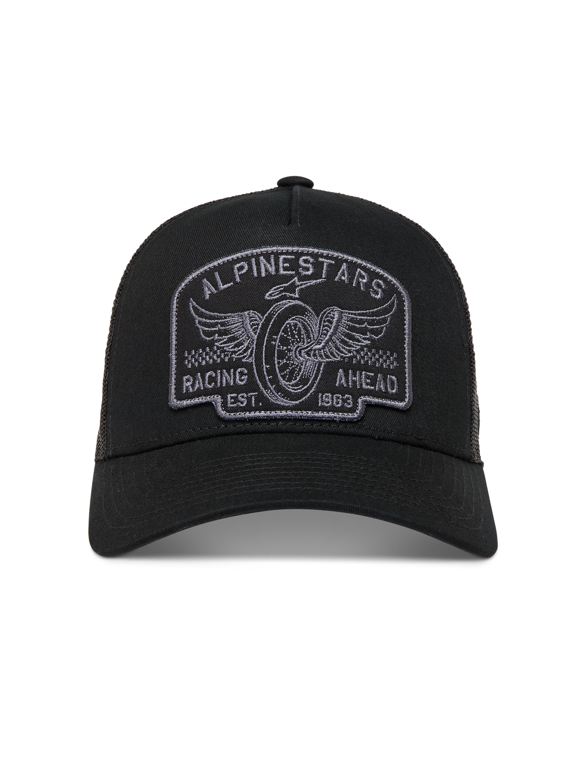 Alpinestars Heritage Patch, boné trucker preto e cinzento com aba curva, logótipo de corrida bordado e malha respirável.