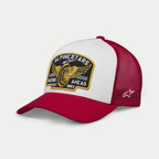 Boné Trucker Alpinestars Heritage Patch, branco e vermelho, painel frontal estruturado branco com grande patch bordado Alpinestars Racing Ahead, pala curva vermelha e parte traseira em rede, logótipo de estrela lateral, acessório lifestyle casual