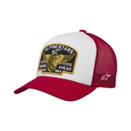 Boné Trucker Alpinestars Heritage Patch, boné snapback casual, painel frontal branco com pala curva vermelha e parte traseira em rede, com um grande patch clássico bordado na frente e um pequeno logótipo lateral, coroa estruturada, acessório inspirado no desporto motorizado