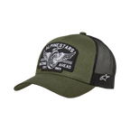 Alpinestars Heritage Patch Trucker Hat, Military Green and Black, large embroidered front patch featuring "Alpinestars Racing Ahead" winged wheel design, breathable black mesh back with side white logo, curved bill, casual motorsport headwear