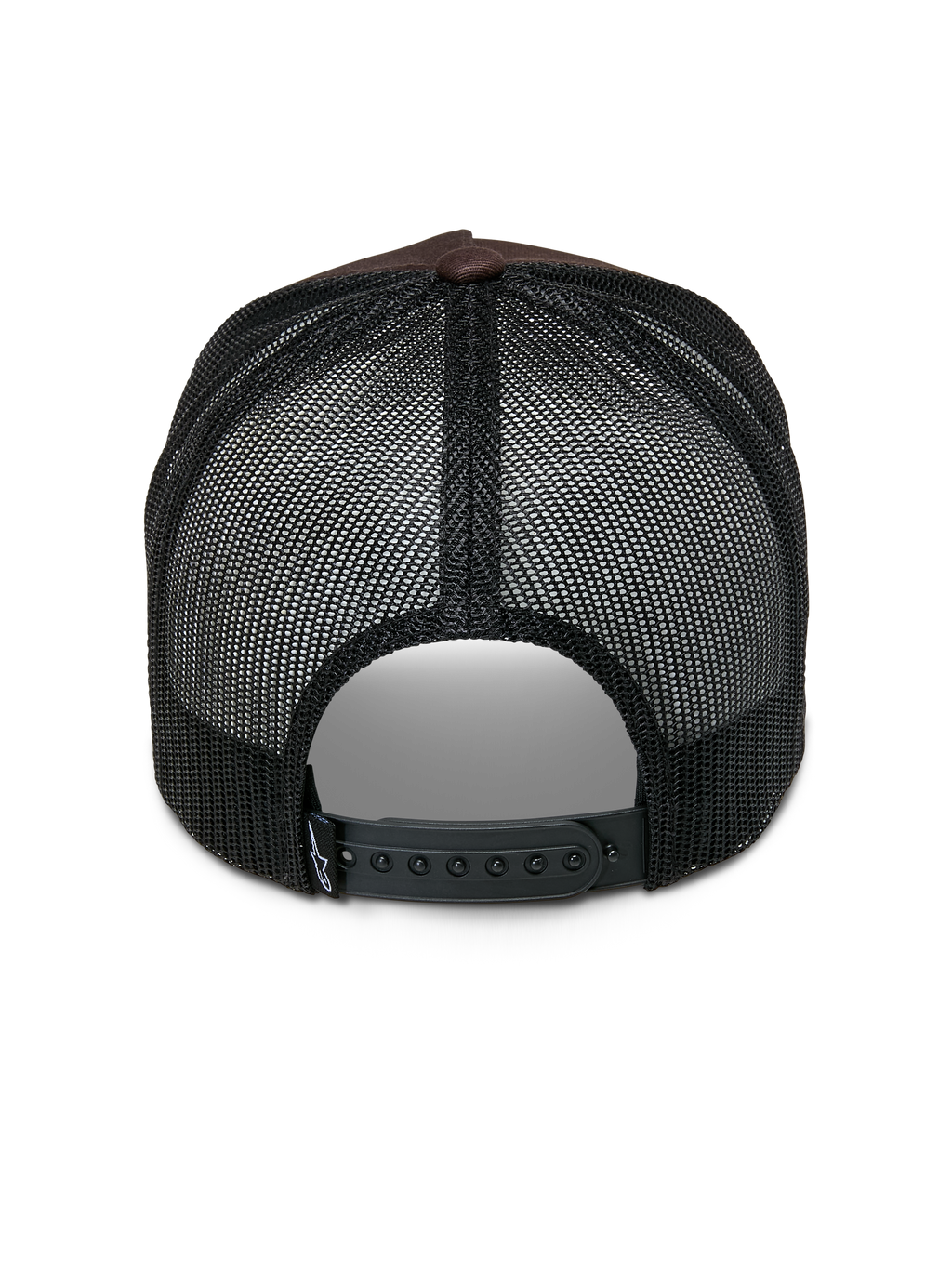 Boné Trucker Alpinestars Heritage Patch, boné trucker, castanho e preto, vista traseira com painéis de malha preta, fecho de pressão ajustável e pequeno detalhe do logótipo branco na tira