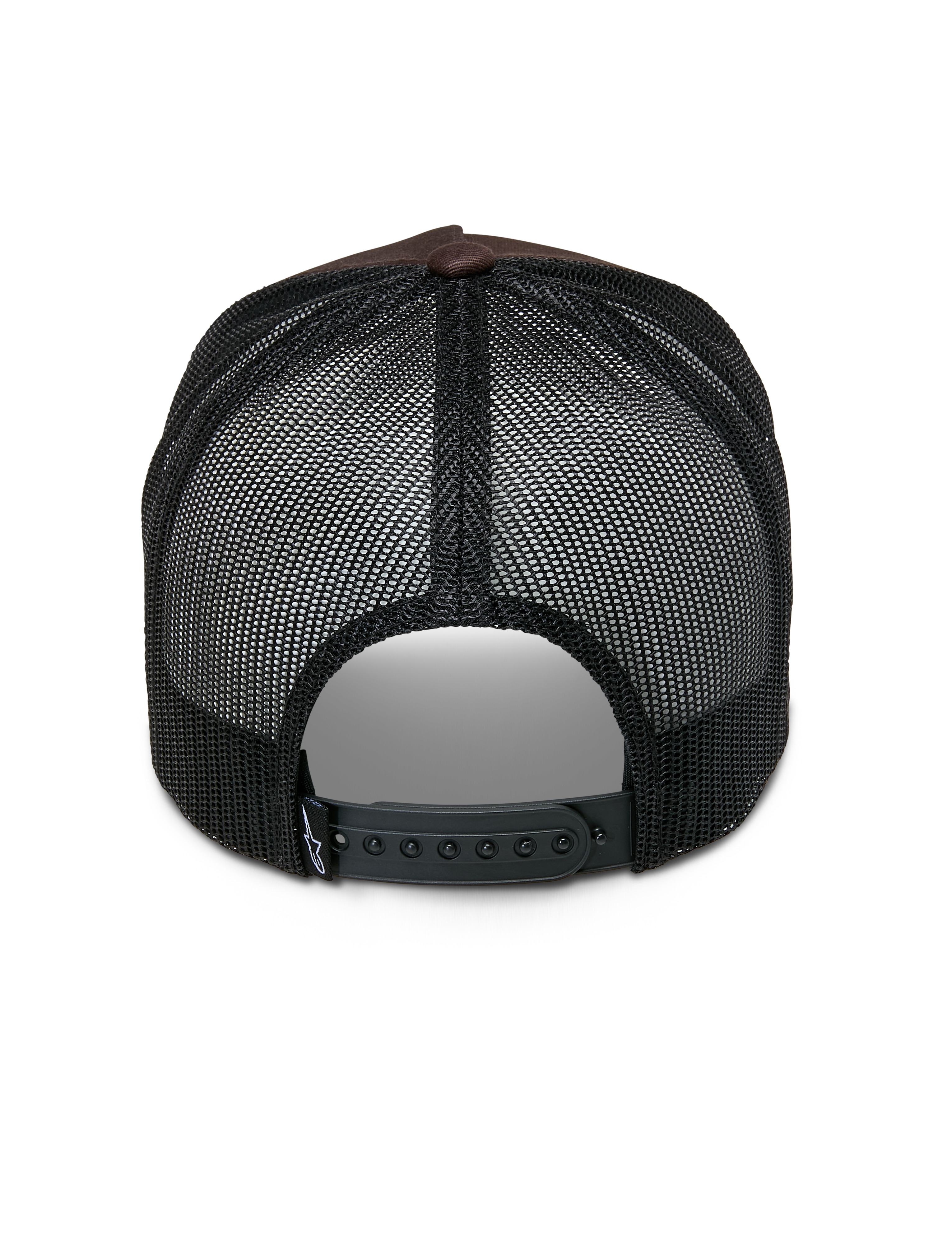 Boné Trucker Alpinestars Heritage Patch, boné trucker, castanho e preto, vista traseira com painéis de malha preta, fecho de pressão ajustável e pequeno detalhe do logótipo branco na tira