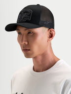 Alpinestars Boné Trucker Heritage Patch, boné desportivo casual com malha, preto e cinzento, aba curva e copa estruturada com logótipo bordado à frente num modelo