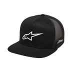 Alpinestars 3D Ageless Trucker Hat, boné preto com logótipo Alpinestars branco, pala reta, coroa estruturada, parte traseira em malha preta, vestuário desportivo casual inspirado no desporto motorizado