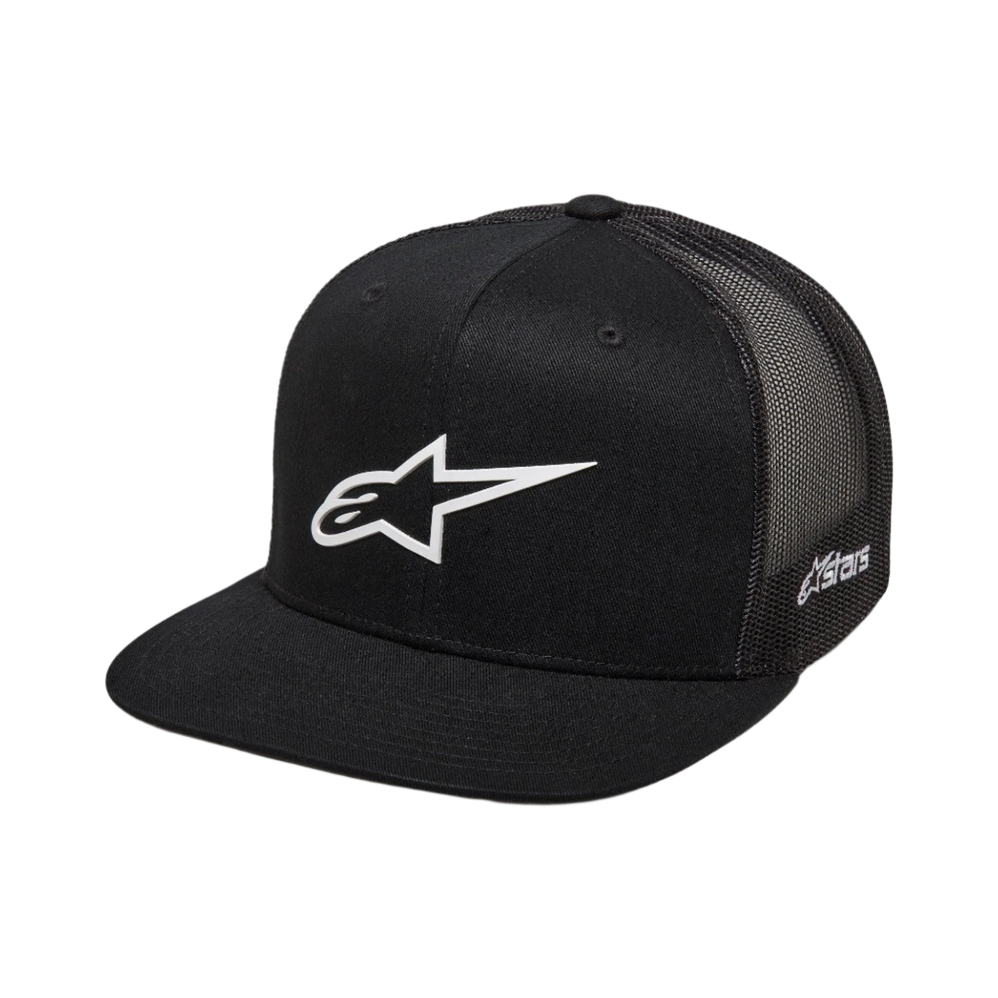 Alpinestars 3D Ageless Trucker Hat, boné preto com logótipo Alpinestars branco, pala reta, coroa estruturada, parte traseira em malha preta, vestuário desportivo casual inspirado no desporto motorizado