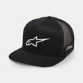 Boné Trucker Alpinestars 3D Ageless, preto e branco, coroa estruturada com pala reta, parte traseira em malha de poliéster, com logótipo Ageless branco bordado em 3D na frente e marca Astars na lateral, boné casual de estilo de vida motorsport