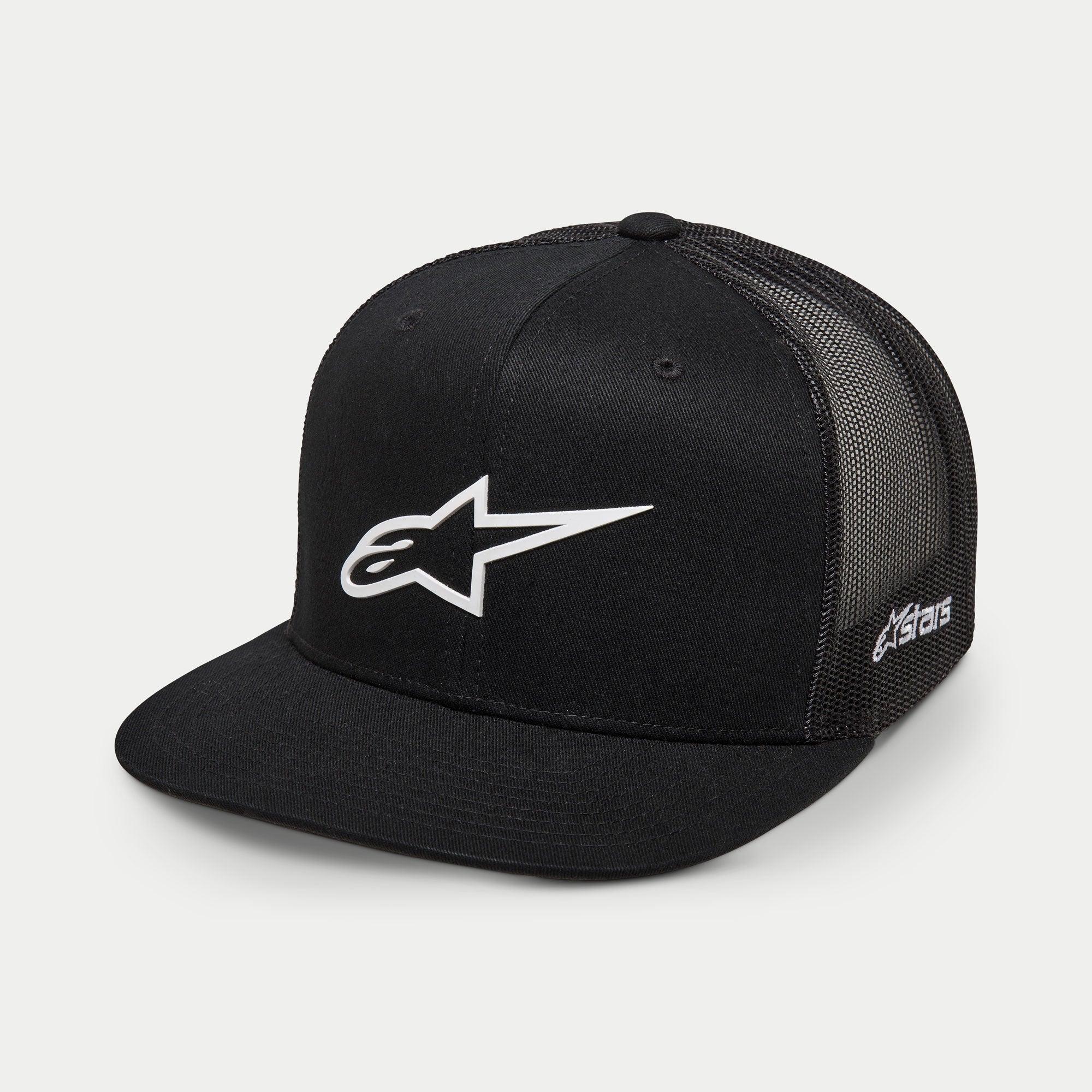 Boné Trucker Alpinestars 3D Ageless, preto e branco, coroa estruturada com pala reta, parte traseira em malha de poliéster, com logótipo Ageless branco bordado em 3D na frente e marca Astars na lateral, boné casual de estilo de vida motorsport