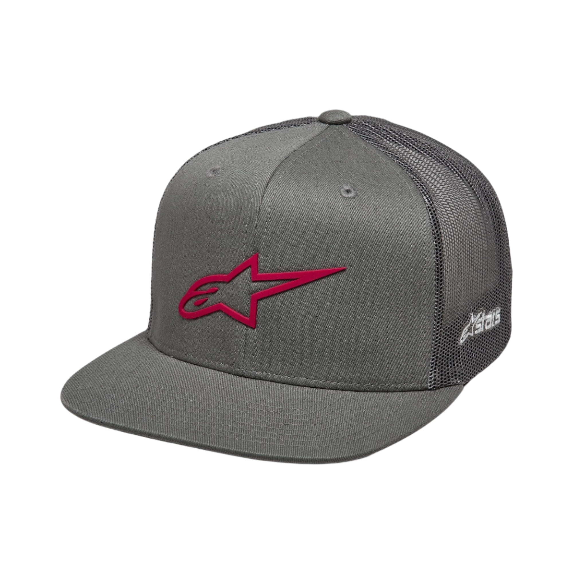 Alpinestars 3D Ageless Trucker Hat, Grey and Red, flat bill with structured crown, twill front and mesh back, featuring a bold red 3D embroidered logo on the front and white branding on the side, casual motorsport headwear