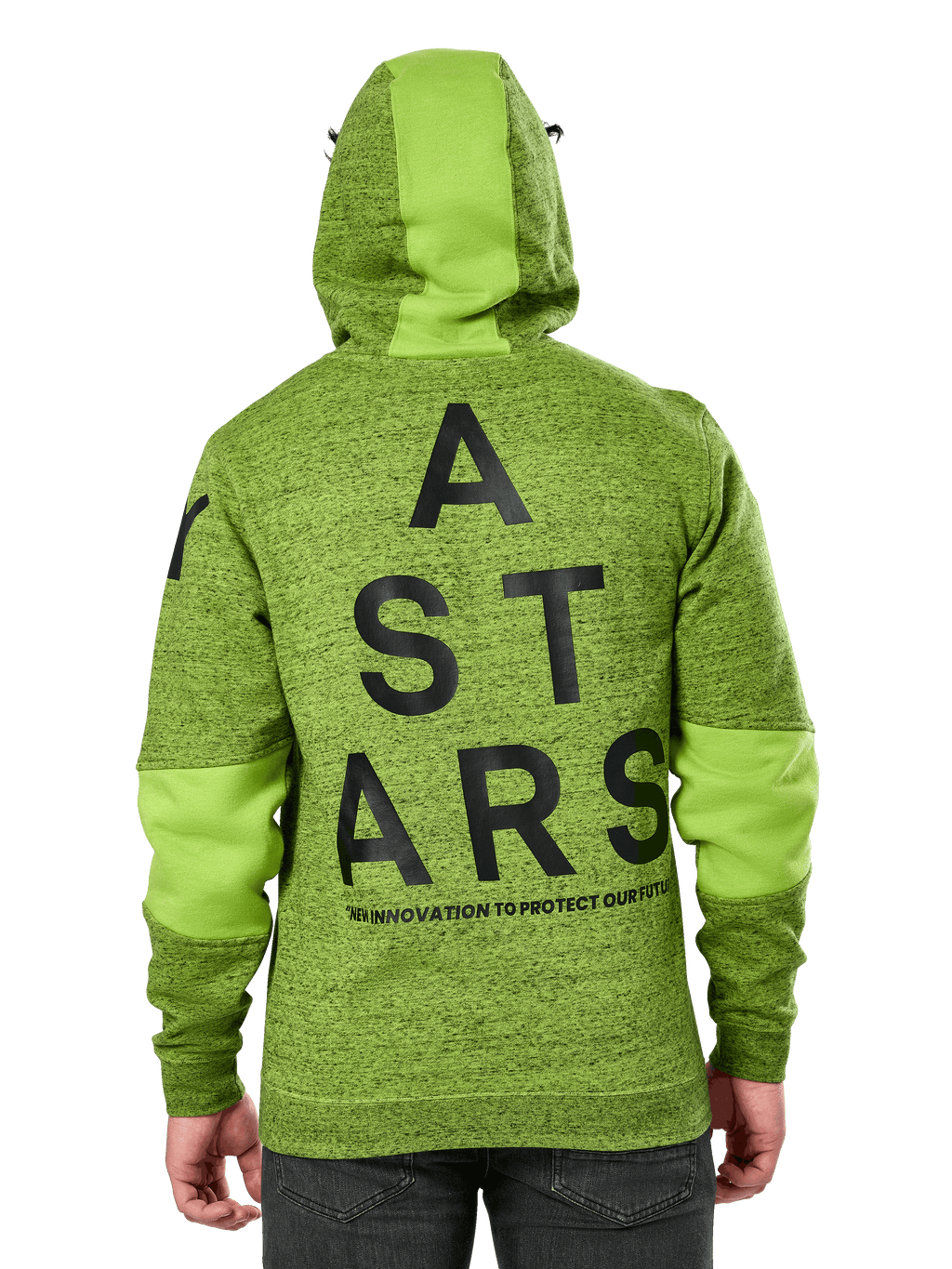 Hoodie Alpinestars Perpetuate, vista traseira, lã em verde-lima mesclado com painéis de tecido em verde sólido no capuz e nas mangas, gráfico grande 'ASTARS' em preto nas costas, streetwear casual inspirado no desporto motorizado