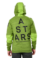 Hoodie Alpinestars Perpetuate, vista traseira, lã em verde-lima mesclado com painéis de tecido em verde sólido no capuz e nas mangas, gráfico grande 'ASTARS' em preto nas costas, streetwear casual inspirado no desporto motorizado