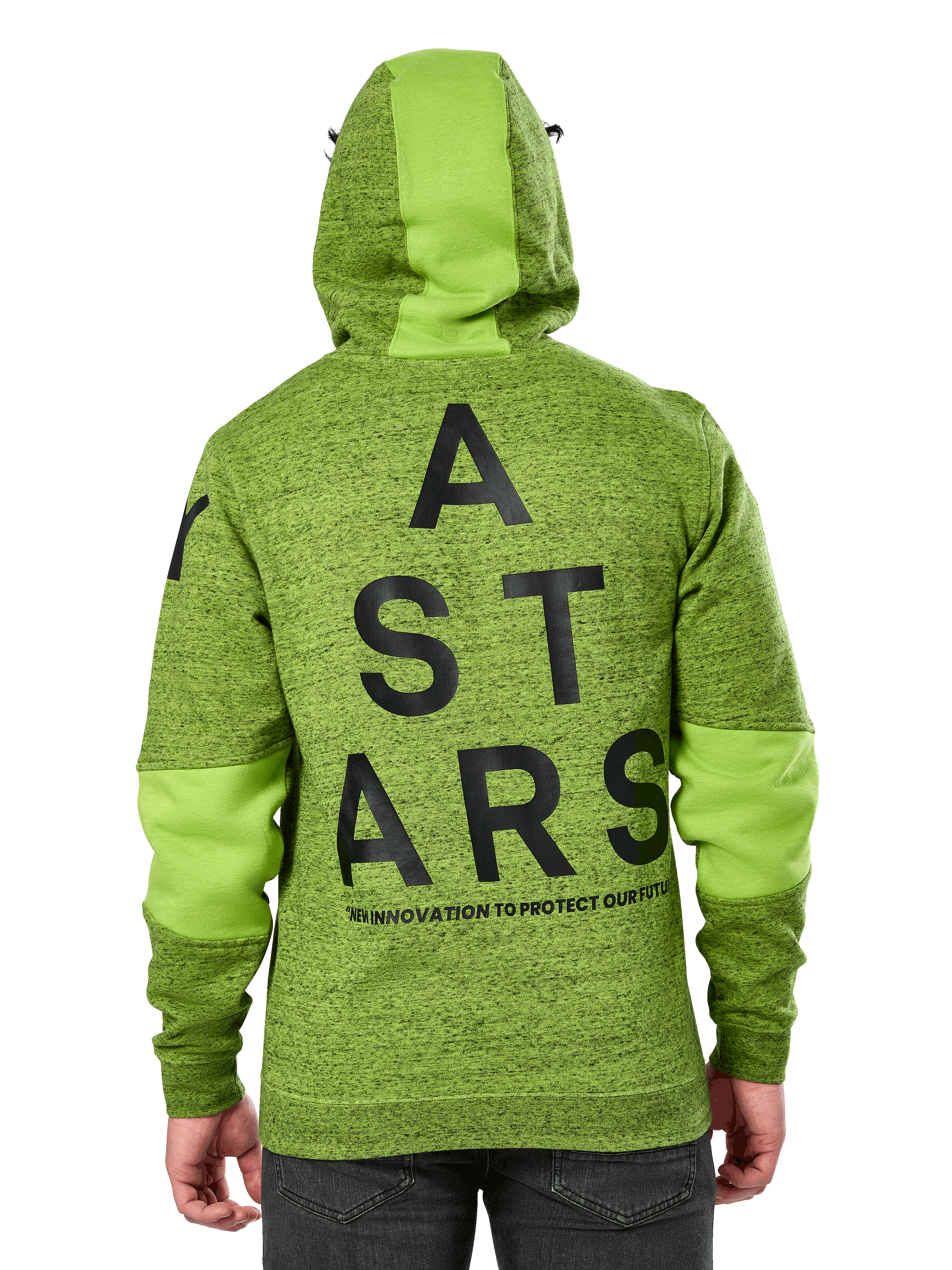 Hoodie Alpinestars Perpetuate, vista traseira, lã em verde-lima mesclado com painéis de tecido em verde sólido no capuz e nas mangas, gráfico grande 'ASTARS' em preto nas costas, streetwear casual inspirado no desporto motorizado