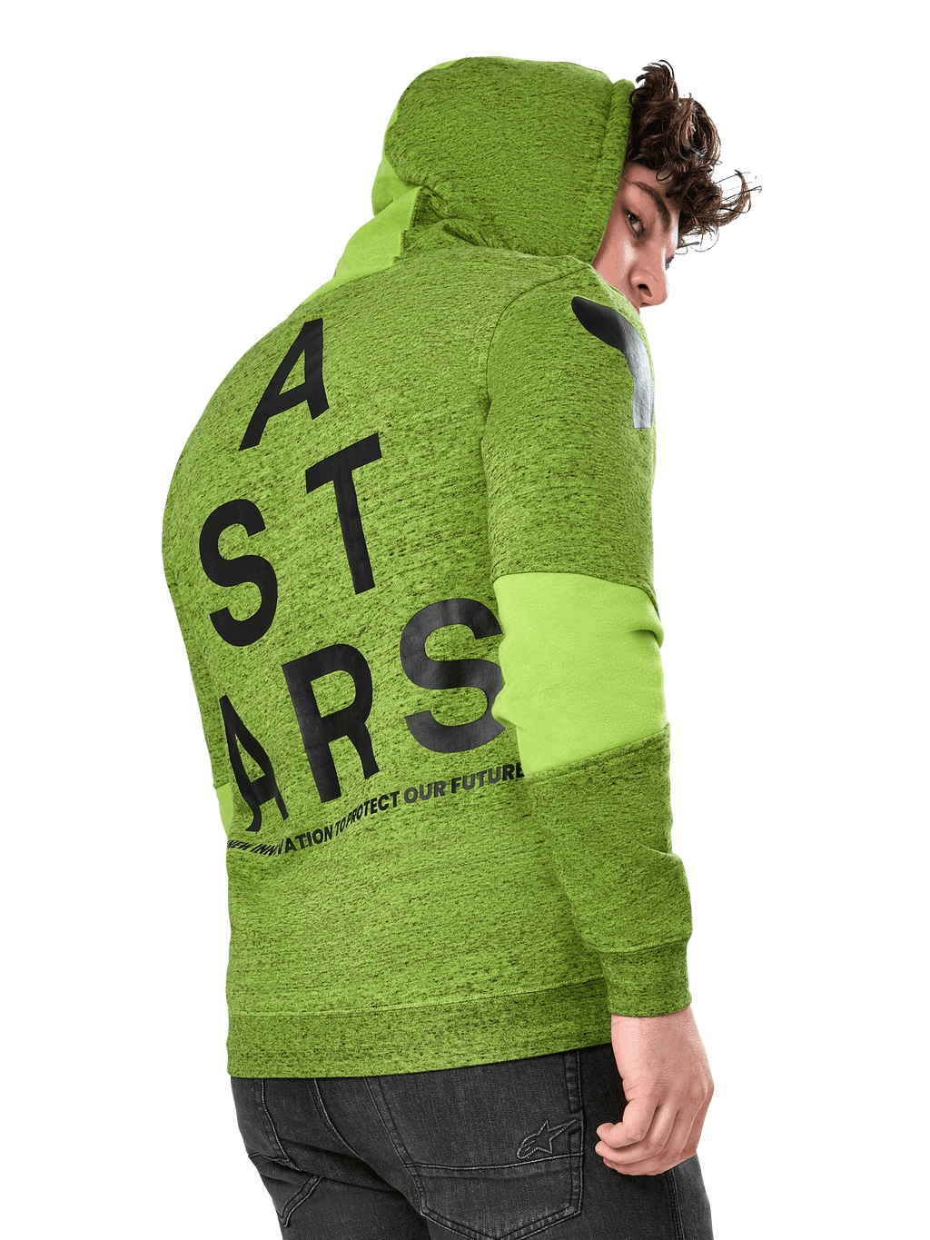 Alpinestars Perpetuate Hoodie, hoodie de desporto casual, fleece verde lima mesclado, vista traseira com grande grafismo vertical ASTARS em preto nas costas e logótipo no ombro, painéis de tecido nas mangas, capuz com cordão, streetwear moderno inspirado no desporto motorizado.