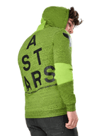 Alpinestars Perpetuate Hoodie, hoodie de desporto casual, fleece verde lima mesclado, vista traseira com grande grafismo vertical ASTARS em preto nas costas e logótipo no ombro, painéis de tecido nas mangas, capuz com cordão, streetwear moderno inspirado no desporto motorizado.