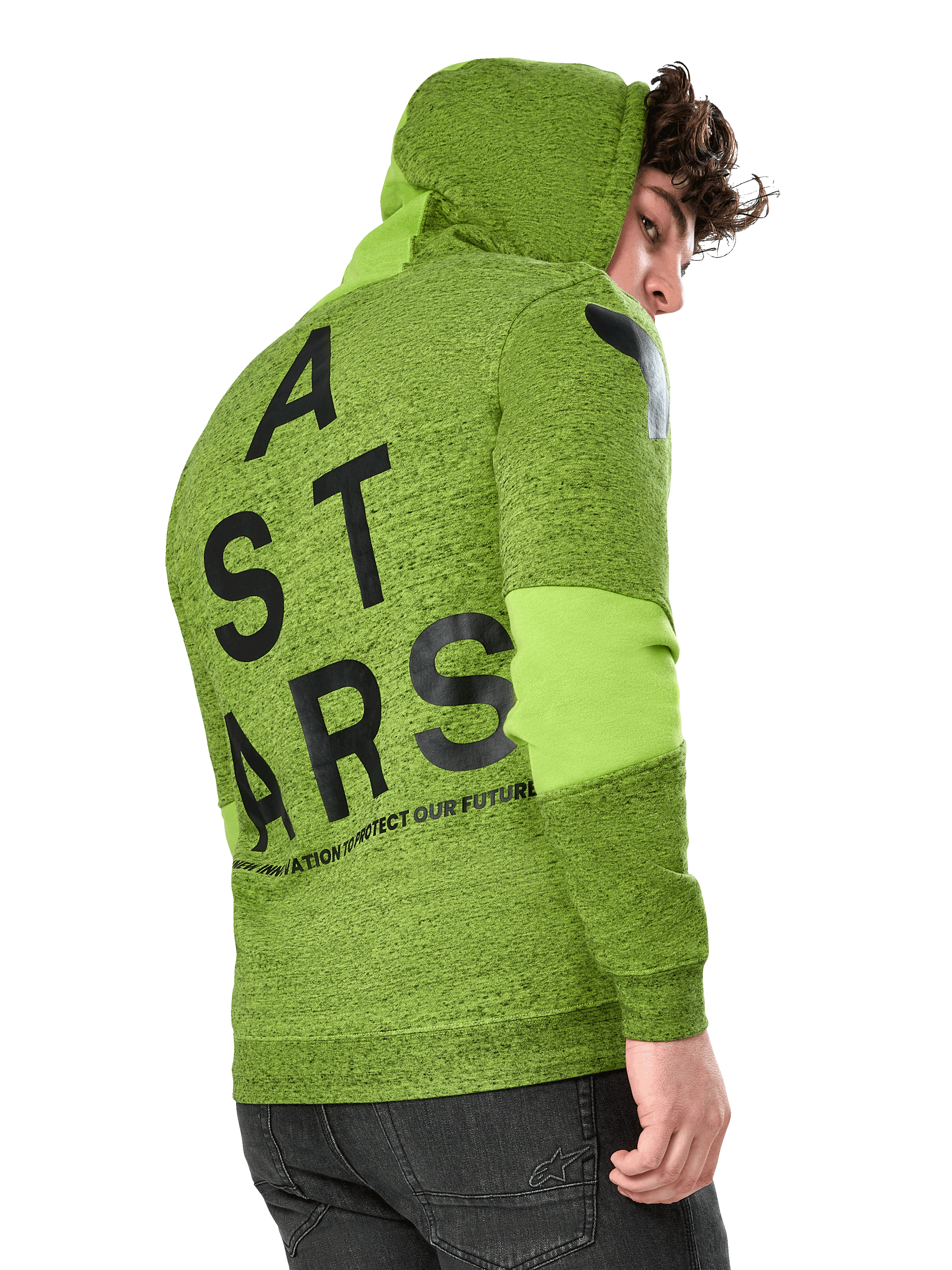 Alpinestars Perpetuate Hoodie, hoodie de desporto casual, fleece verde lima mesclado, vista traseira com grande grafismo vertical ASTARS em preto nas costas e logótipo no ombro, painéis de tecido nas mangas, capuz com cordão, streetwear moderno inspirado no desporto motorizado.