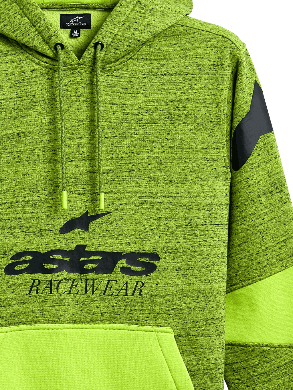 Hoodie Alpinestars Perpetuate, camisola verde lima mesclada, com gráfico preto "astars RACEWEAR", bolso canguru verde lima liso com bloqueio de tecido, capuz com cordões e logótipo no ombro, vestuário desportivo casual inspirado no desporto motorizado