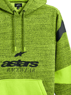 Hoodie Alpinestars Perpetuate, camisola verde lima mesclada, com gráfico preto "astars RACEWEAR", bolso canguru verde lima liso com bloqueio de tecido, capuz com cordões e logótipo no ombro, vestuário desportivo casual inspirado no desporto motorizado