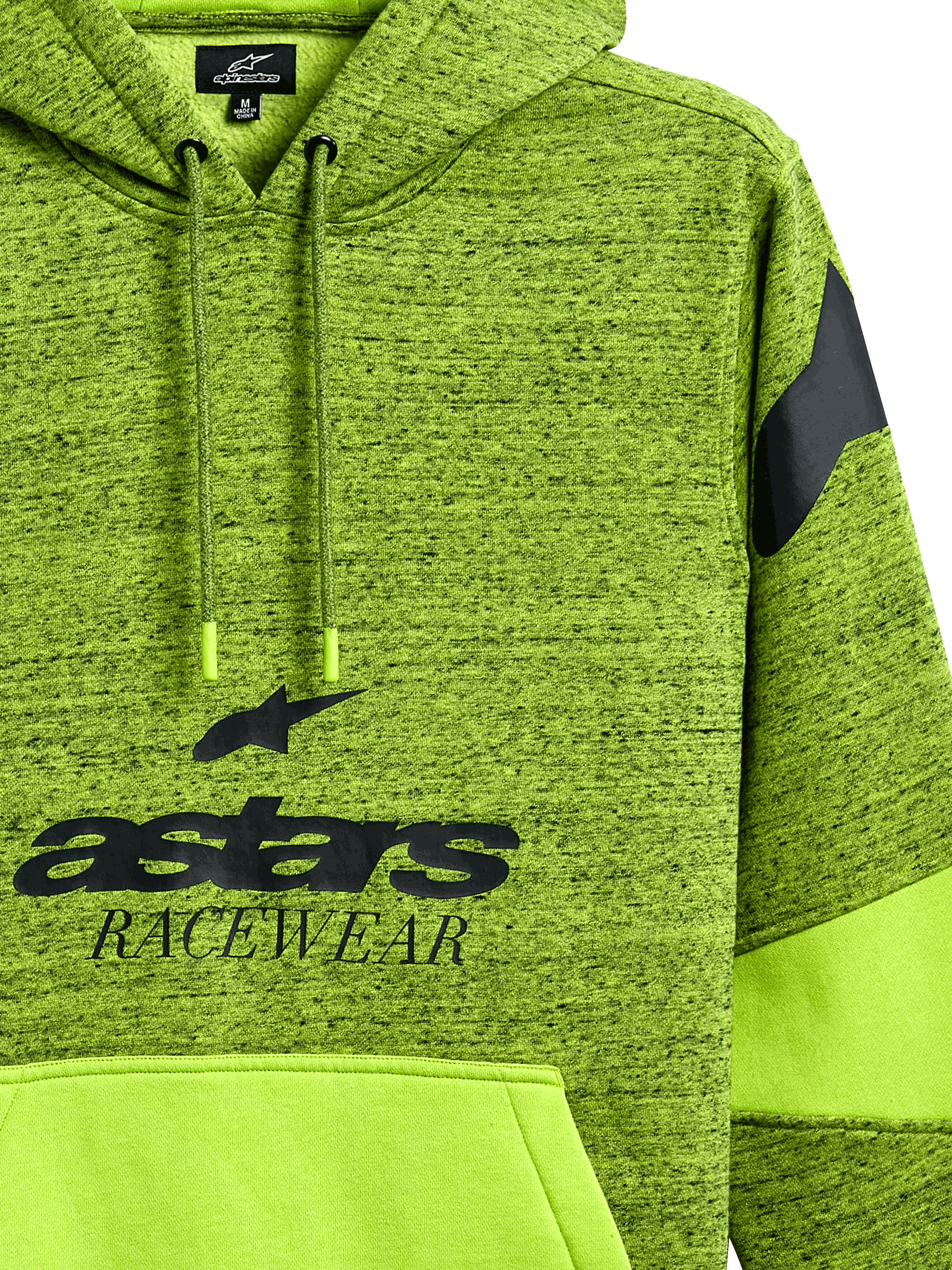 Hoodie Alpinestars Perpetuate, camisola verde lima mesclada, com gráfico preto "astars RACEWEAR", bolso canguru verde lima liso com bloqueio de tecido, capuz com cordões e logótipo no ombro, vestuário desportivo casual inspirado no desporto motorizado