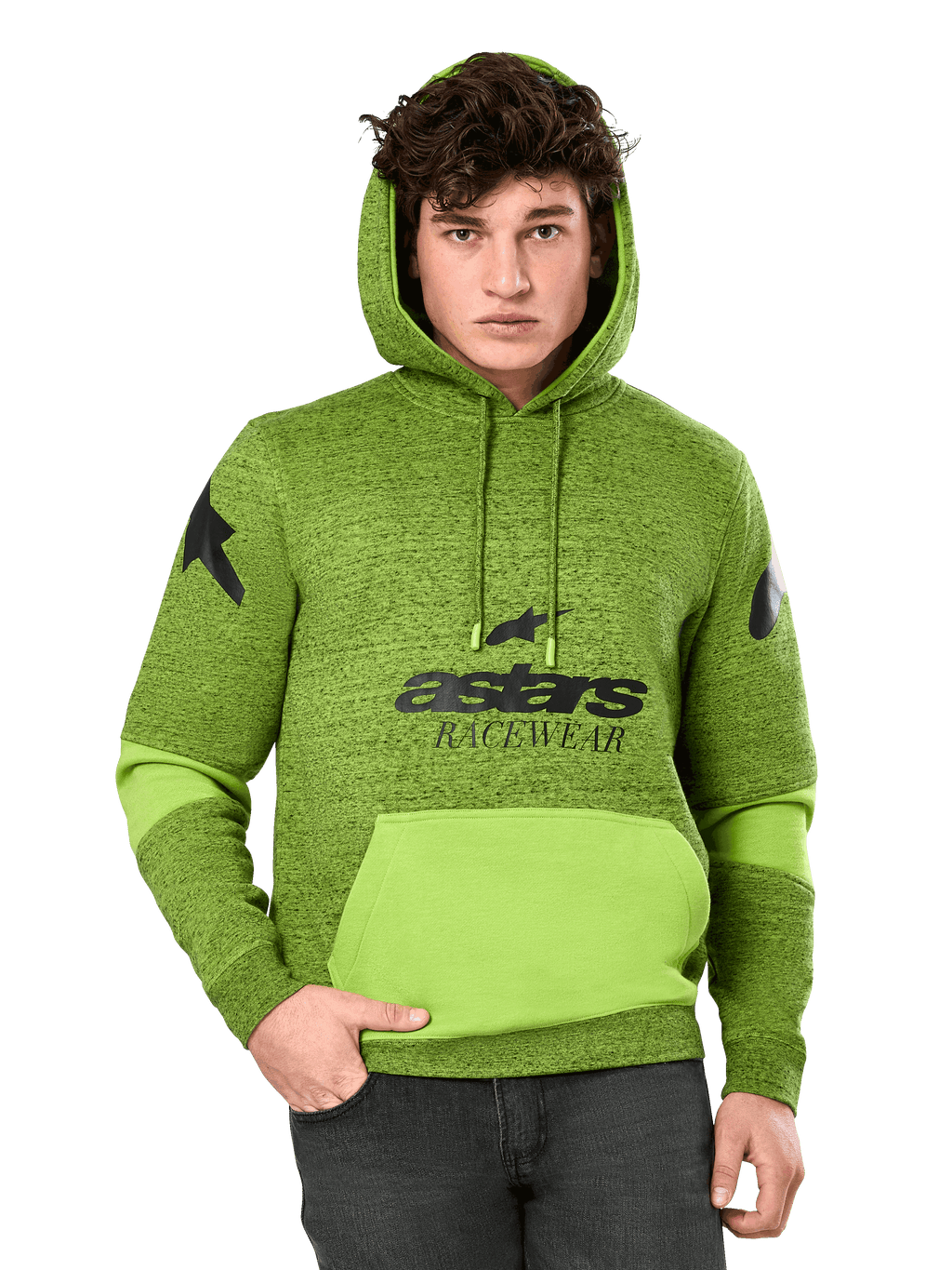 Alpinestars Perpetuate Hoodie, camisola com capuz para homem em verde mesclado e lima, com blocos de cor verde-lima vibrante no bolso canguru e nas mangas, logótipo 'astars RACEWEAR' preto no peito e logótipos de estrela nos ombros, estilo casual urbano de inspiração motorsport