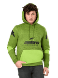 Alpinestars Perpetuate Hoodie, camisola com capuz para homem em verde mesclado e lima, com blocos de cor verde-lima vibrante no bolso canguru e nas mangas, logótipo 'astars RACEWEAR' preto no peito e logótipos de estrela nos ombros, estilo casual urbano de inspiração motorsport