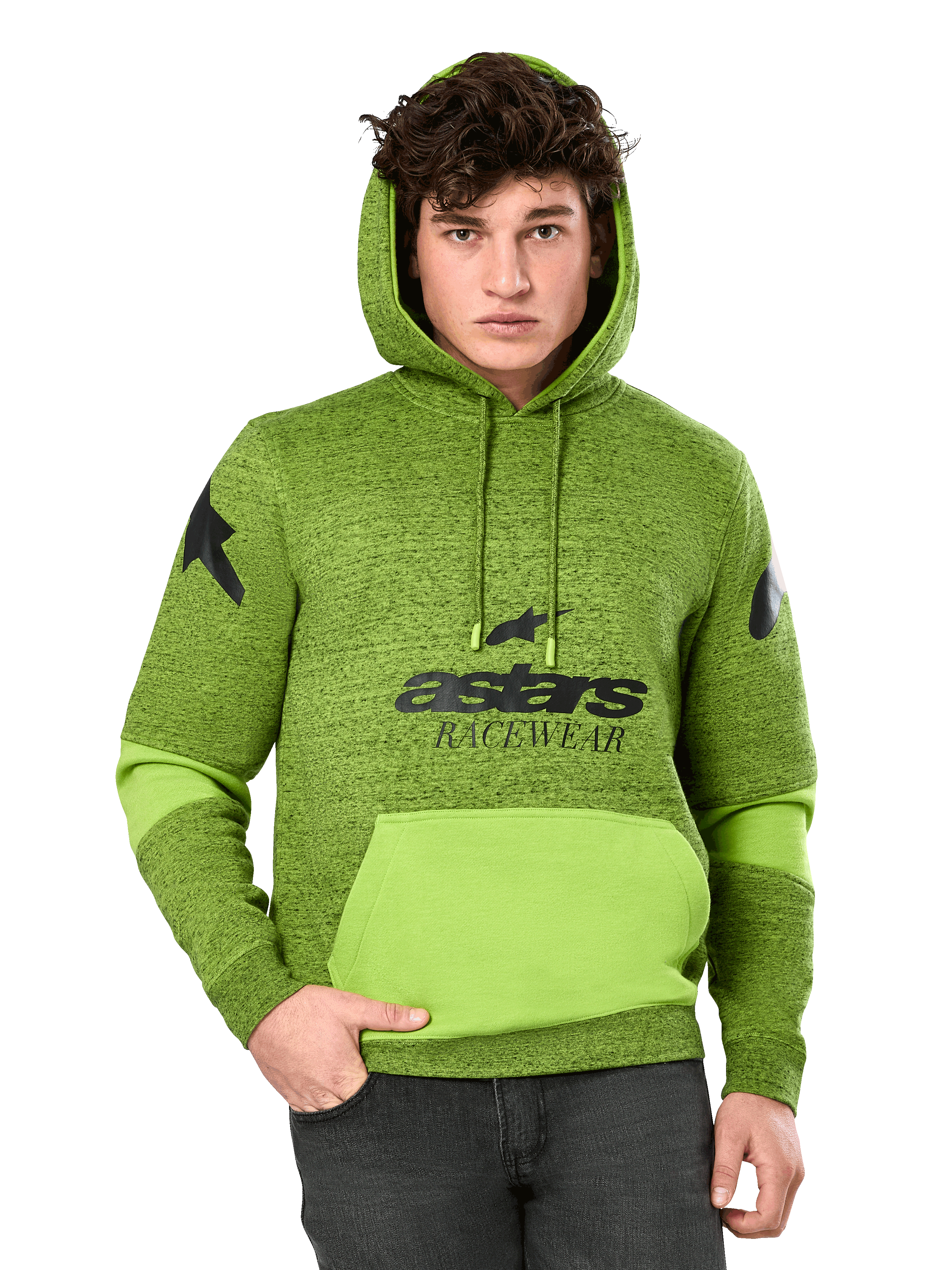Alpinestars Perpetuate Hoodie, camisola com capuz para homem em verde mesclado e lima, com blocos de cor verde-lima vibrante no bolso canguru e nas mangas, logótipo 'astars RACEWEAR' preto no peito e logótipos de estrela nos ombros, estilo casual urbano de inspiração motorsport