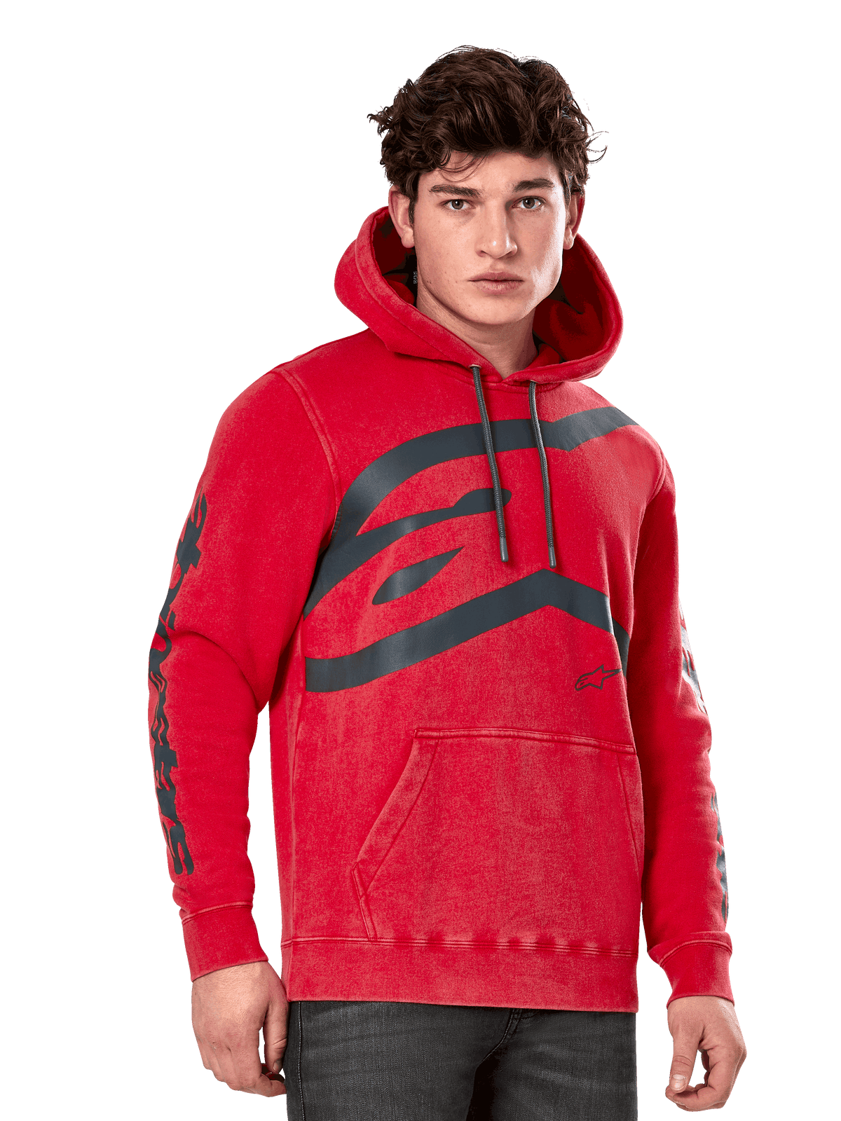 Alpinestars Unbound Hoodie, hoodie de lã, vermelho tingido, logótipo cinzento grande no peito, marca Alpinestars nas mangas, bolso canguru frontal e capuz com cordões, streetwear casual inspirado no desporto motorizado