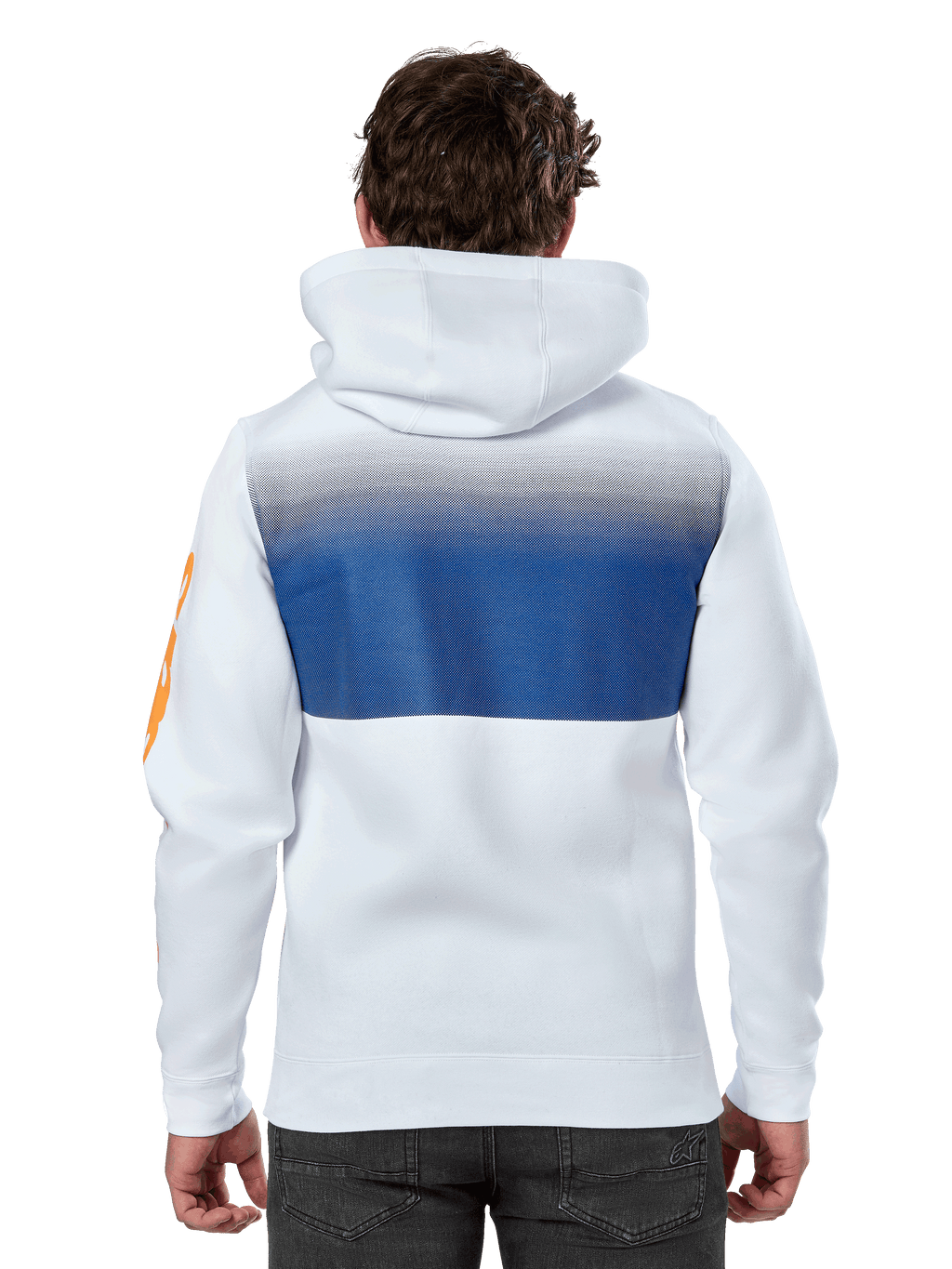 Alpinestars Specter Hoodie, branco, hoodie de streetwear casual com impressão em gradiente azul nas costas, logótipo laranja na manga, vista de costas