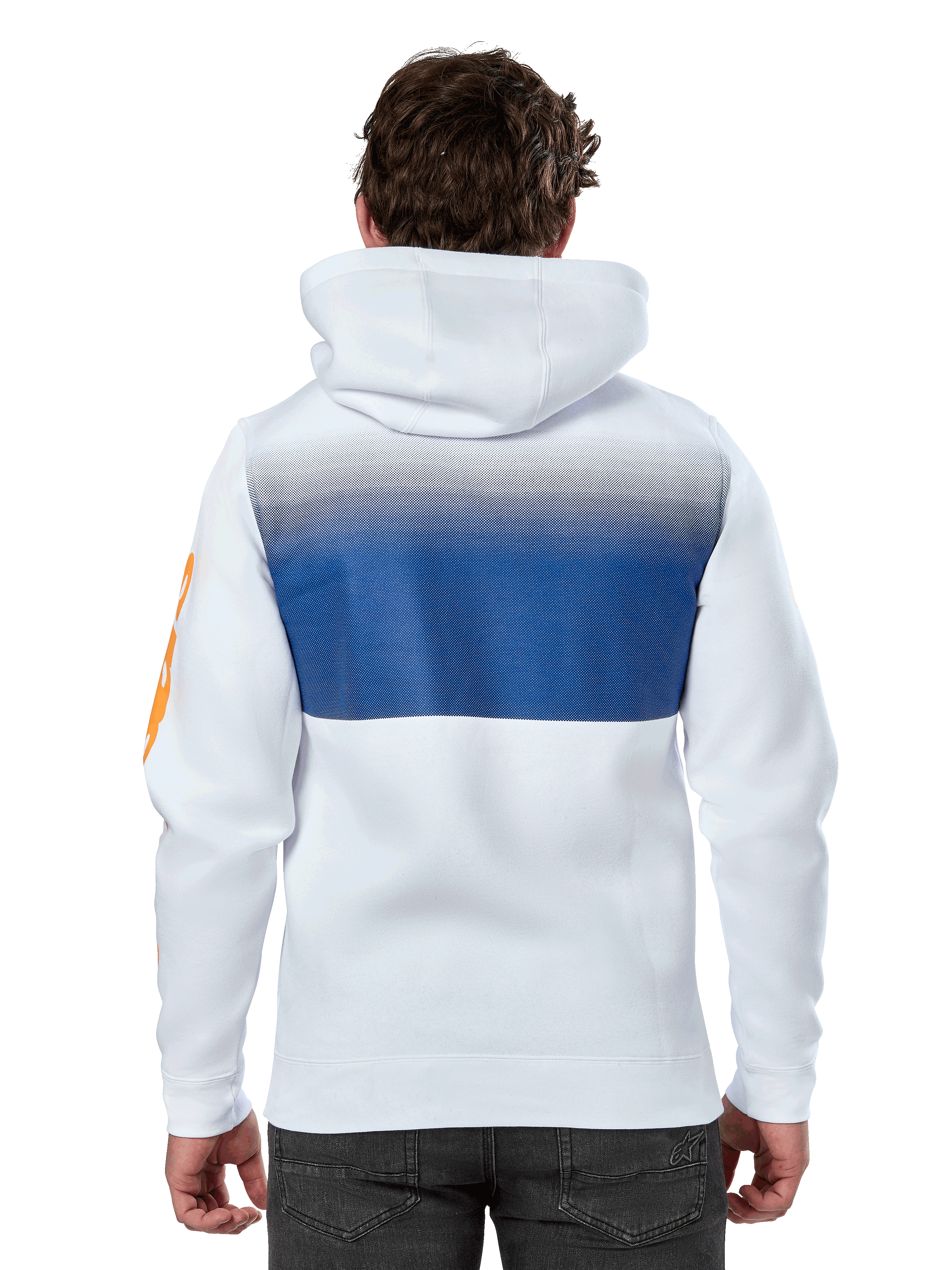 Alpinestars Specter Hoodie, branco, hoodie de streetwear casual com impressão em gradiente azul nas costas, logótipo laranja na manga, vista de costas