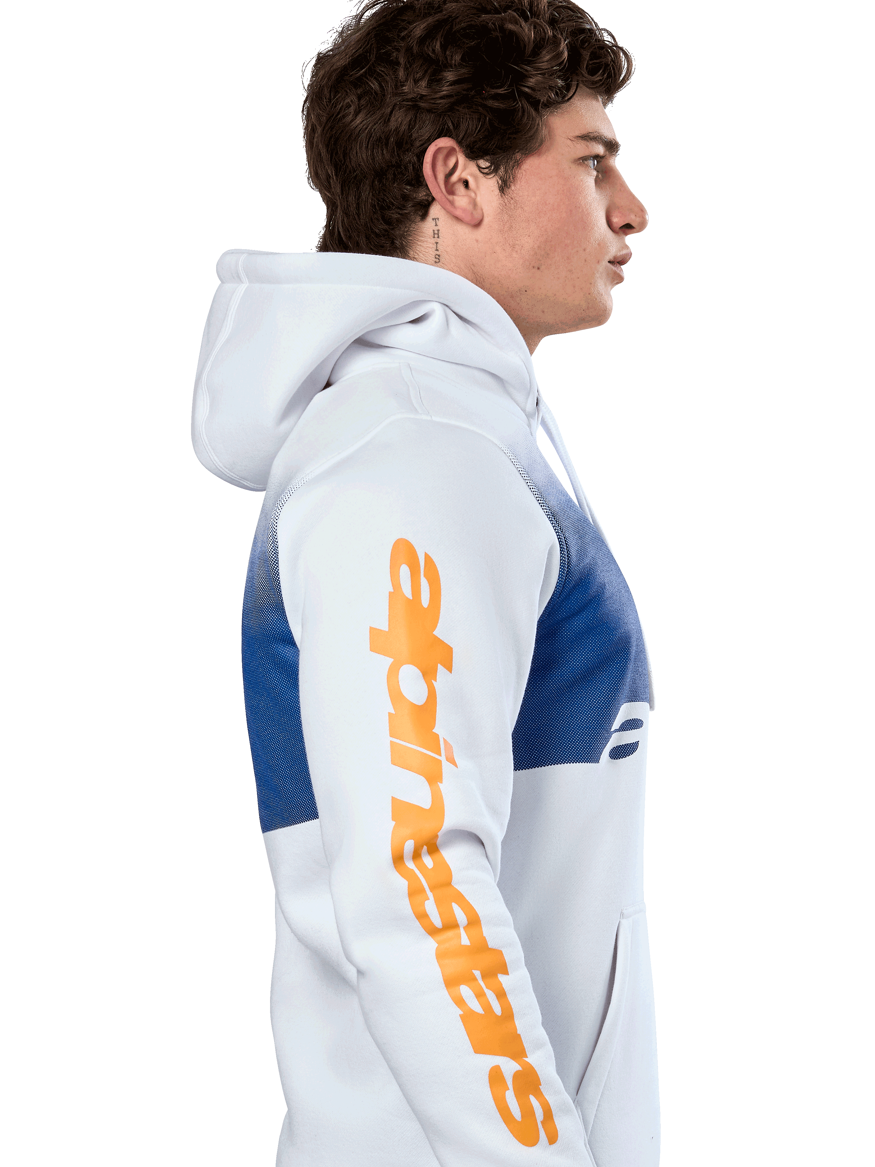 Alpinestars Specter Hoodie, streetwear casual, branco com padrão em degradê azul, logótipo Alpinestars grande em cor de laranja na manga, perfil lateral de um homem a usar o hoodie