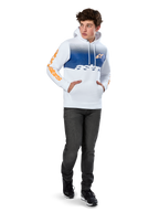 Alpinestars Specter Hoodie, hoodie de lã branco com impressão em degradê azul, logótipo frontal HD laranja e inscrições nas mangas, com bolso canguru e capuz com cordão, usado com calças de ganga escuras para um look casual inspirado no desporto motorizado